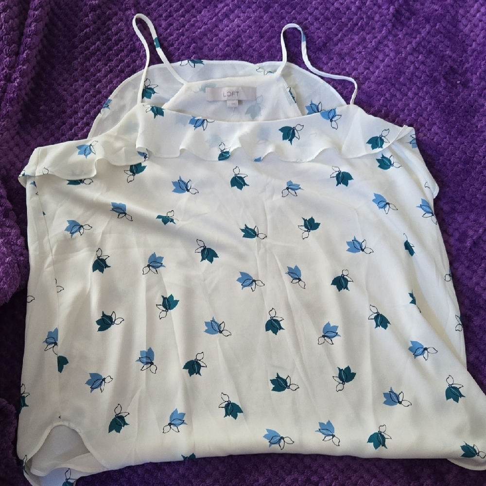 LOFT White Floral Camisole with Blue and Green Accents
